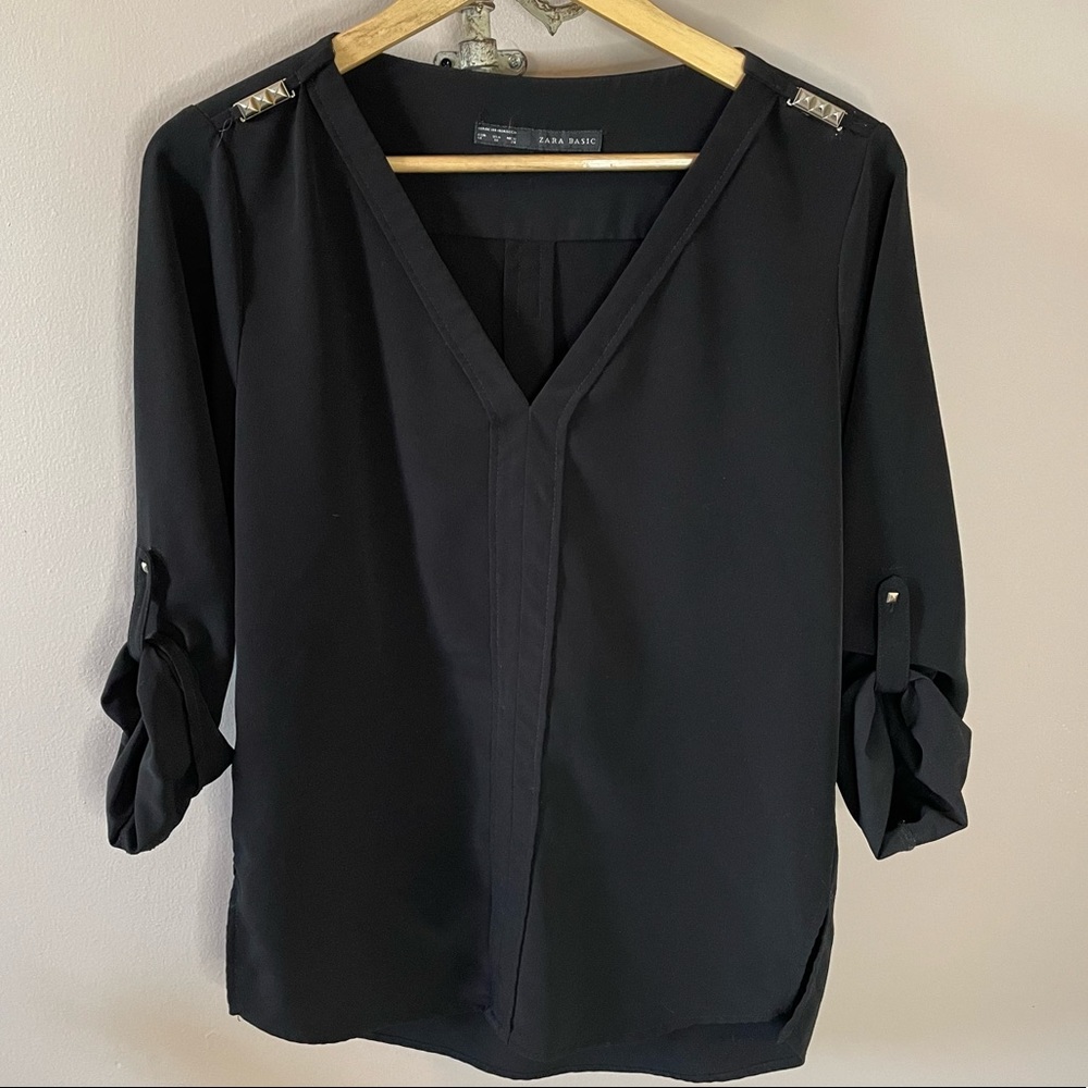 Zara 3/4 length sleeve black blouse with silver metal details Medium